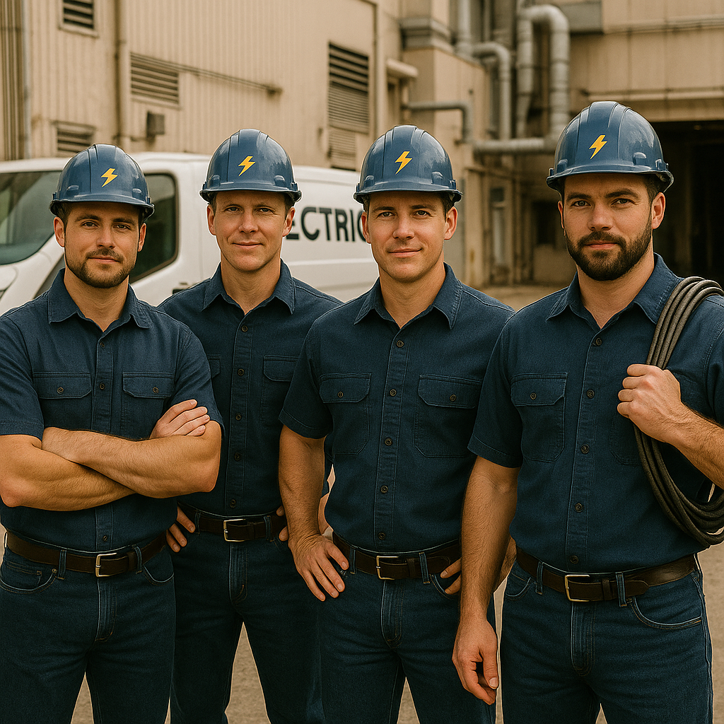 A team of professional electricians wearing blue uniforms and hard hats stands together at an industrial job site, representing a skilled electrical crew prepared for commercial installation and maintenance work.