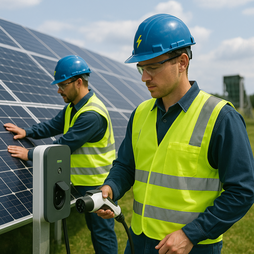 Two electrical technicians wearing blue hard hats and high-visibility vests work on a solar array and EV charging station outdoors. One technician inspects the solar panels while the other prepares an electric vehicle charging connector, demonstrating renewable energy installation and EV infrastructure setup.