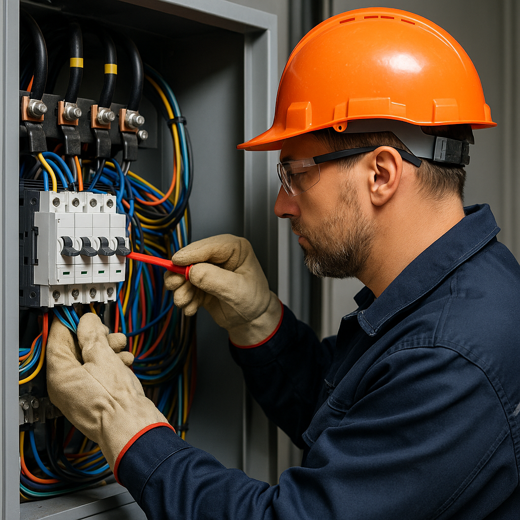 Licensed electrician wearing PPE while safely tightening connections inside an electrical panel, demonstrating professional maintenance and troubleshooting practices.